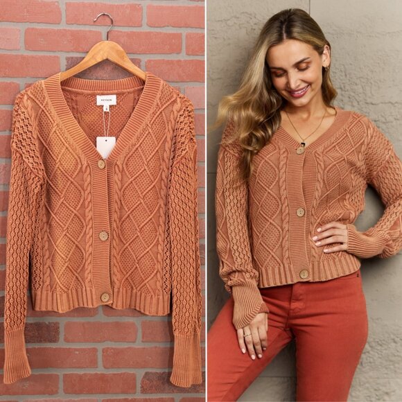 Brick Red Cable Knit Cardigan Sweater - Size Small - Picture 1 of 13